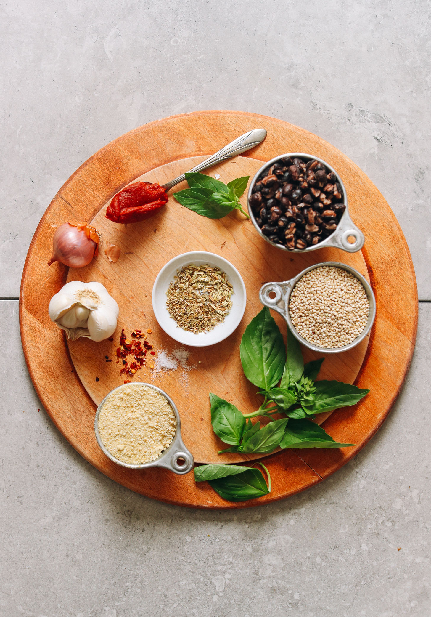 Ingredients for making quinoa black bean vegan meatballs