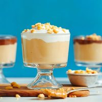 Glass dishes filled with Vegan Peanut Butter Pudding topped with coconut whipped cream and chopped peanuts