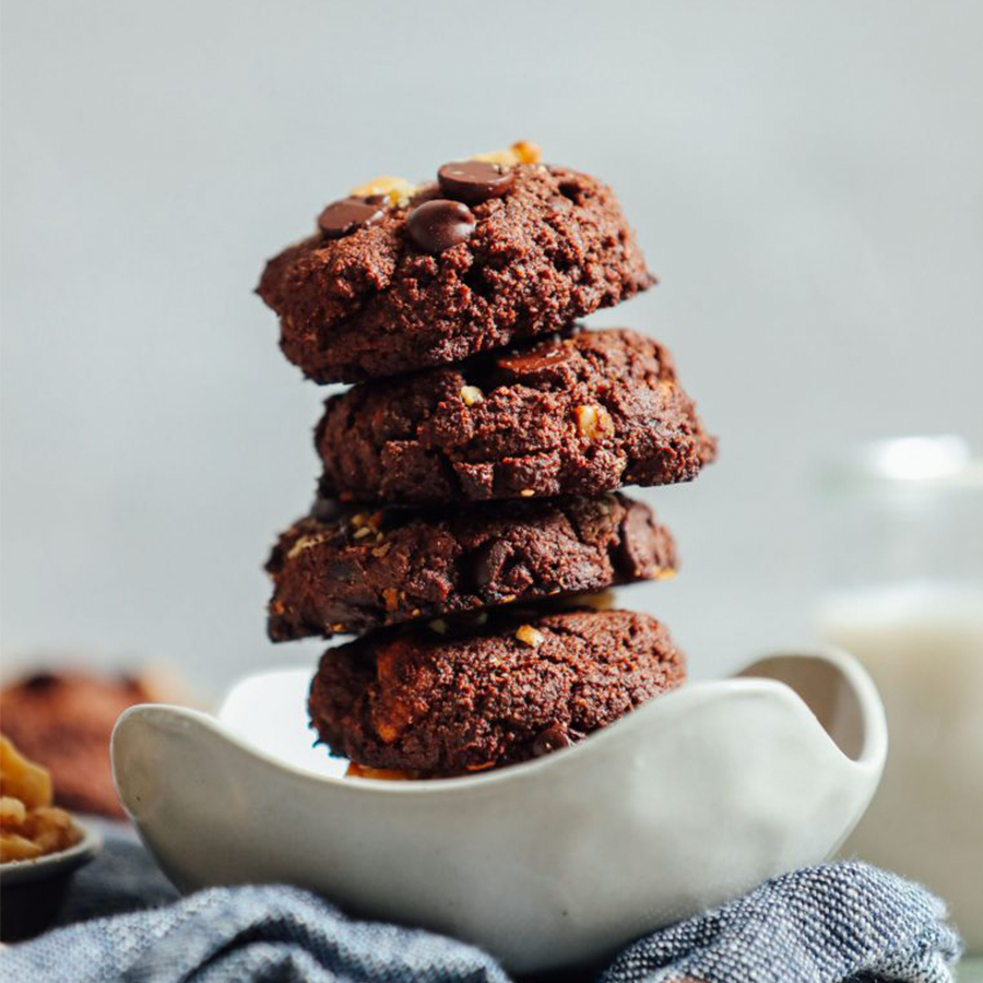 Bowl stacked with Vegan Brownie Cookies