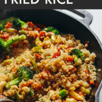 Skillet of vegan and gluten-free quinoa fried rice