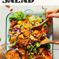 Using salad tongs to pick up a serving of our Vibrant Mango Salad with Peanut Dressing