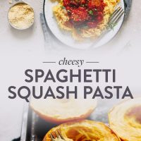 Baked spaghetti squash rings and a batch of our Cheesy Spaghetti Squash Pasta recipe on a platter and plate