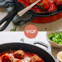 Cast-iron skillet filled with homemade Gluten-Free Vegan Meatballs in marinara sauce