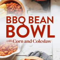 Wood bowls filled with our Vegan BBQ Bean Bowl recipe