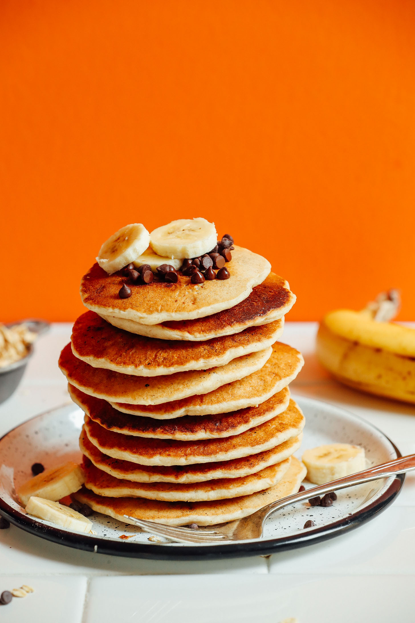Stack of our delicious vegan banana oat pancakes recipe