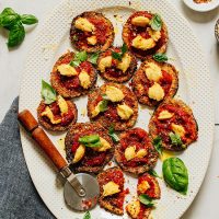 Platter of our flavorful Vegan Eggplant Mini Pizzas