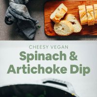 Vegan Spinach & Artichoke Dip in a cast-iron skillet