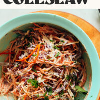 Overhead shot of a large bowl of vegan coleslaw