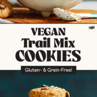 Two photos of stacks of cookies with text in the middle that says vegan trail mix cookies gluten- and grain-free