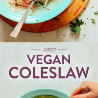 Two big blue bowls filled with our quick and easy Vegan Cole Slaw recipe