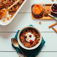 Bowl and pan of our incredible Pumpkin Baked Oatmeal perfect for fall