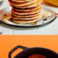 Skillet and plate filled with our 1-Bowl Vegan Banana Oat Pancakes