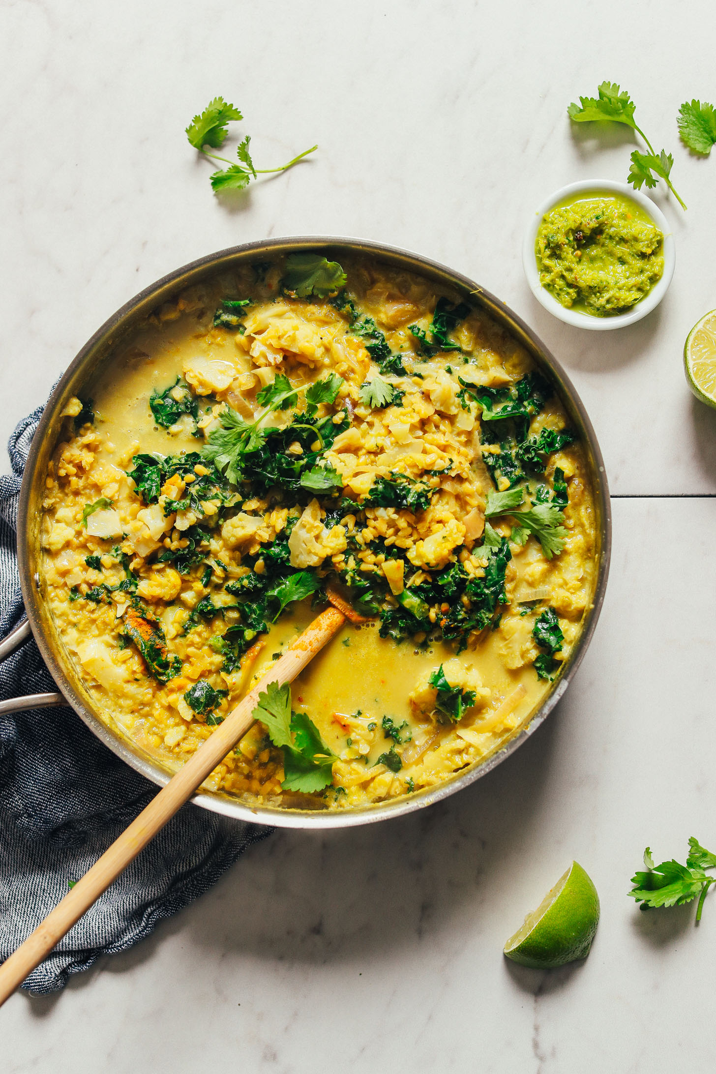 Large pan filled with gluten-free vegan 1-Pot Coconut Dal Green Curry
