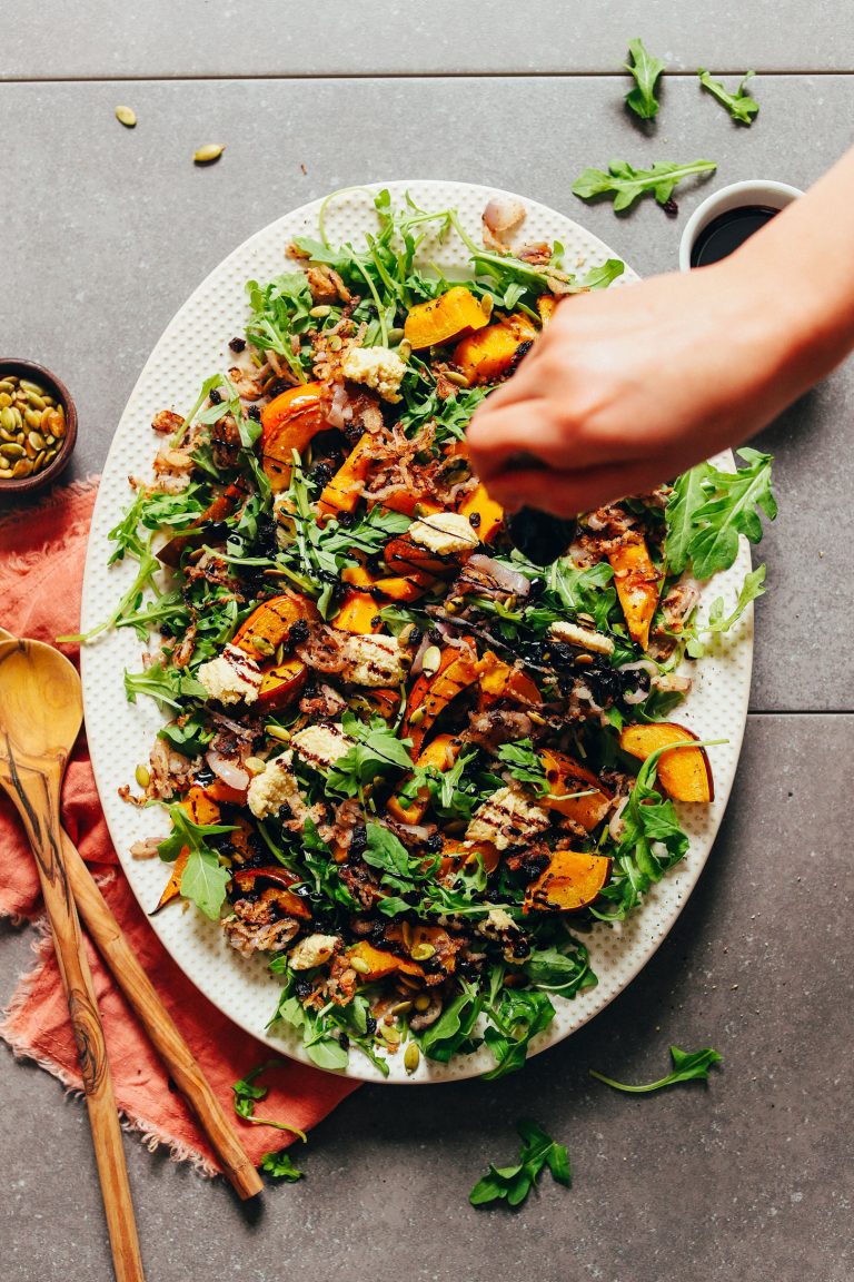 Roasted Squash Arugula Salad Minimalist Baker Recipes   AMAZING Roasted Squash Salad With Nut Cheese And Balsamic Reduction 30 Minutes 10 Ingredients BIG Flavor Squash Glutenfree Dinner Vegan Salad Minimalistbaker Recipe 6 768x1152 