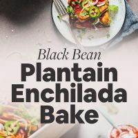 Plates and baking pan filled with our delicious Plantain Enchilada Bake recipe