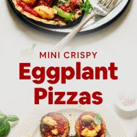 Plate and tray of Gluten-Free Vegan Mini Eggplant Pizzas
