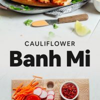 Tray with two Cauliflower Banh Mi Sandwiches and cutting board with ingredients used to make them