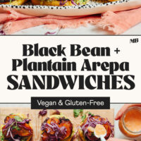 Overhead and side views of black bean and plantain arepa sandwiches