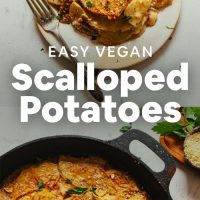 Skillet and plate of our Easy Vegan Scalloped Potatoes