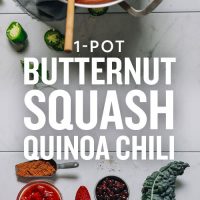 Ingredients for and pot of Vegan Butternut Squash Quinoa Chili