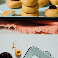 Tray and stack of our Vegan No-Bake Peanut Butter Thumbprint Cookies