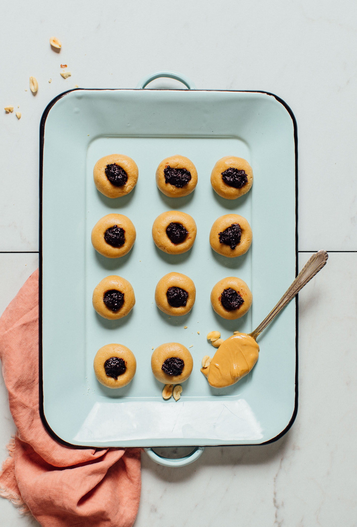Tray of naturally-sweetened Peanut Butter Thumbprint Cookies