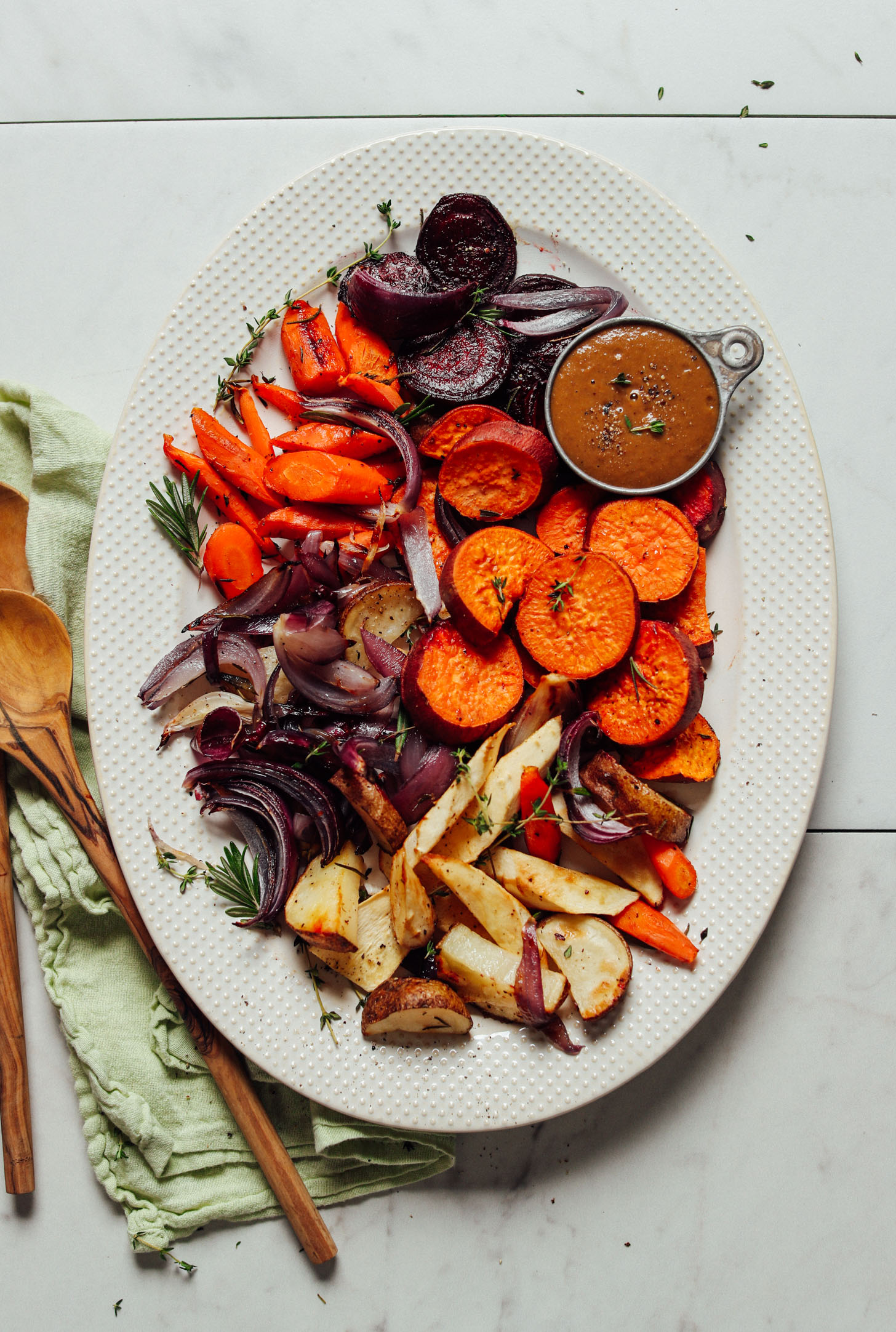 Platter of our Easy Pan Roasted Vegetables with Fresh Herbs for a delicious holiday veggie dish