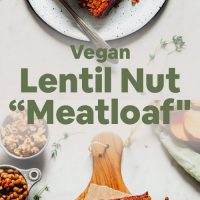 Plate and cutting board with slices of our Vegan Lentil Nut Meatloaf recipe