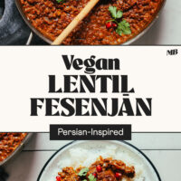 Overhead photos of a pan of Vegan Lentil Fesenjān and a serving on a plate with rice