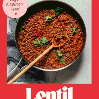 Skillet of our vegan gluten-free lentil fesenjan recipe