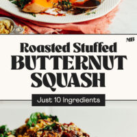 Platter of roasted stuffed butternut squash with text that says just 10 ingredients