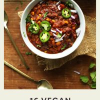 Bowls of lentil chili for our round-up of vegan comfort food classics
