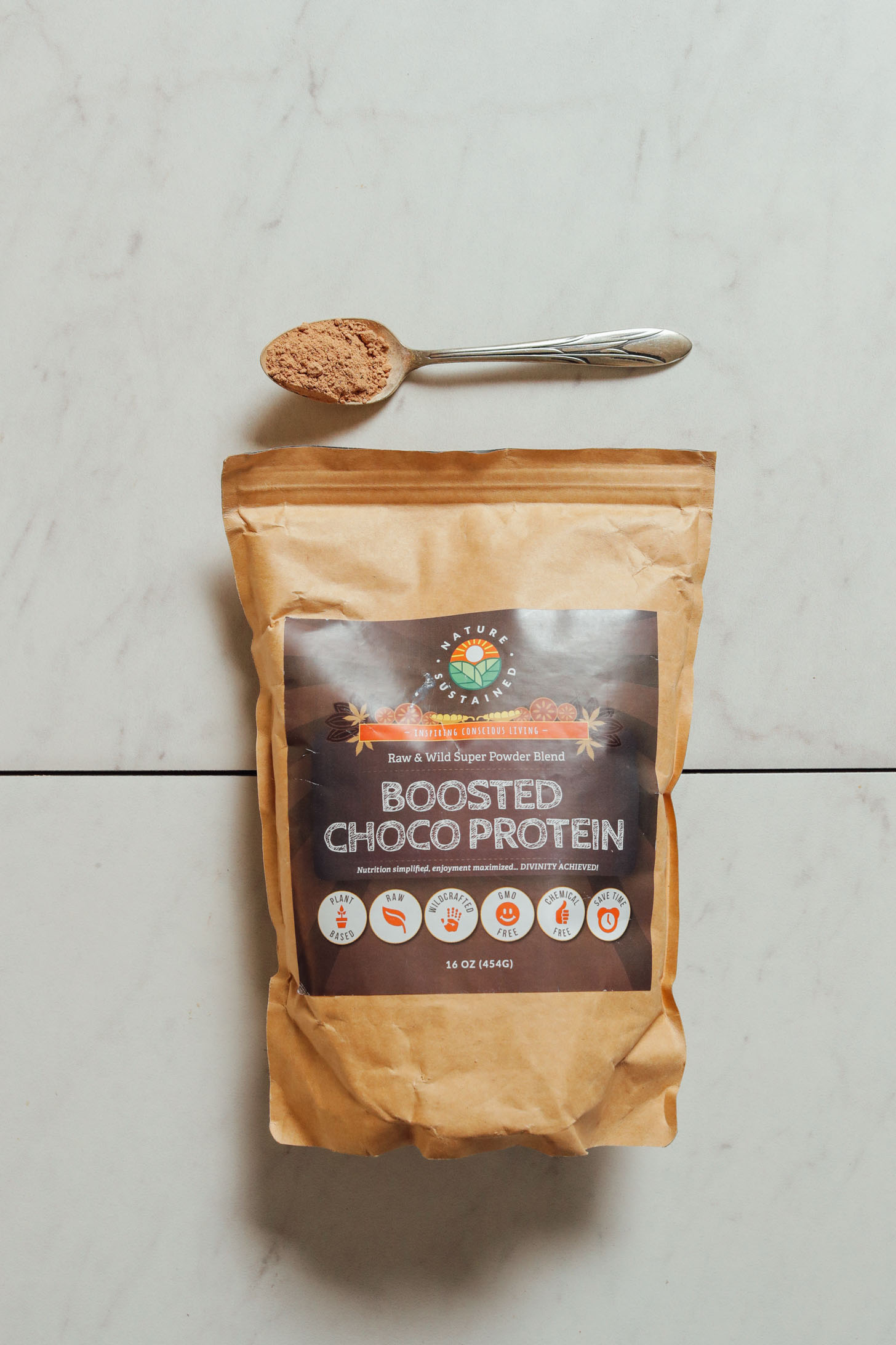 Bag of Nature Sustained Boosted Choco Protein for our plant-based protein review