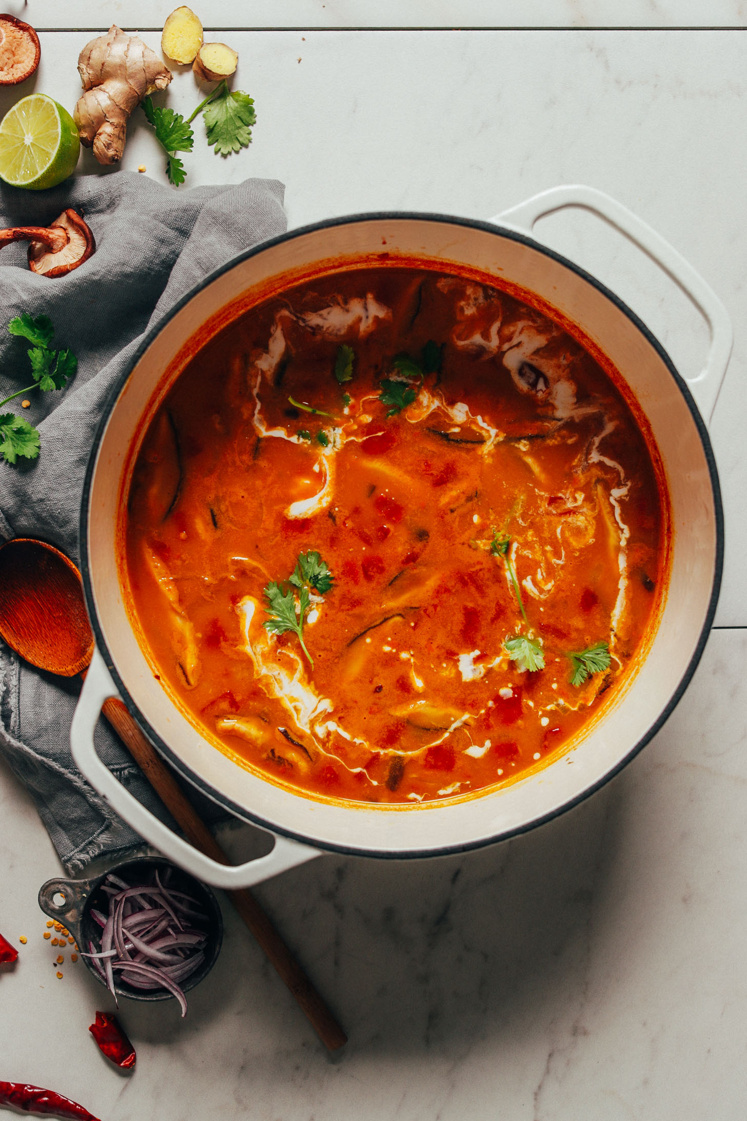 Big pot of our spicy Vegan Tom Yum Soup recipe