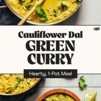 Rimmed skillet and bowl of our hearty, 1-pot Cauliflower Dal Green Curry