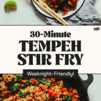 Photos of a plate and cast iron skillet of our 30-minute weeknight-friendly tempeh stir-fry