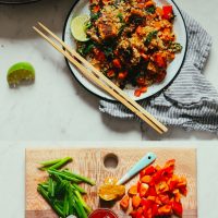 Cutting board of ingredients and pan and plate of Simple Vegetable Tempeh Stir Fry