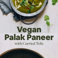 Tray and pan of our Vegan Palak Paneer recipe with Curried Tofu