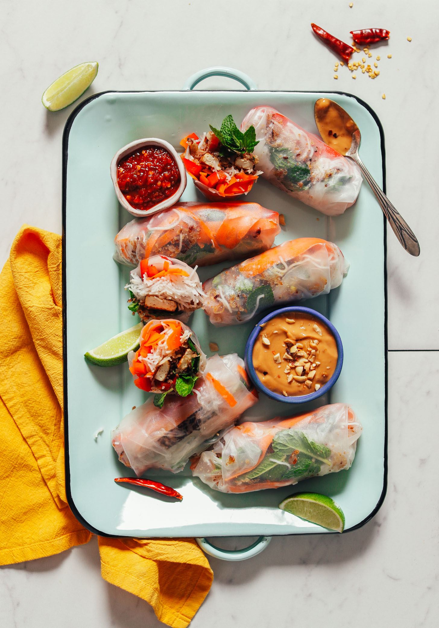 Tray of Crispy Shallot Spring Rolls made with Seared Tofu and fresh vegetables