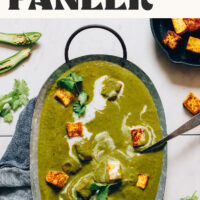 Pan of Vegan Palak Paneer with bites of curried tofu