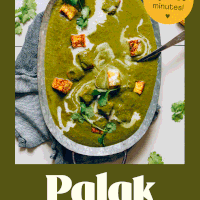Serving dish of vegan palak paneer with curried tofu and coconut milk