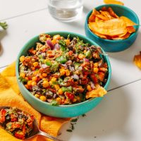 Bowls with our Southwest Black Bean Dip recipe and with plantain chips
