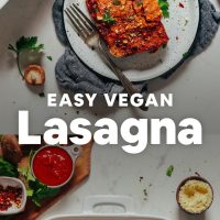 Plate and pan of our Easy Vegan Lasagna recipe
