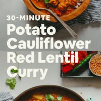 Pan and bowl of 30-Minute Potato Cauliflower Red Lentil Curry