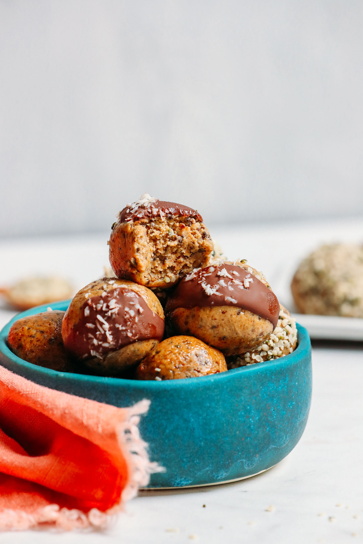 Bowl of grain-free 5-Ingredient Protein Balls for a low sugar snack