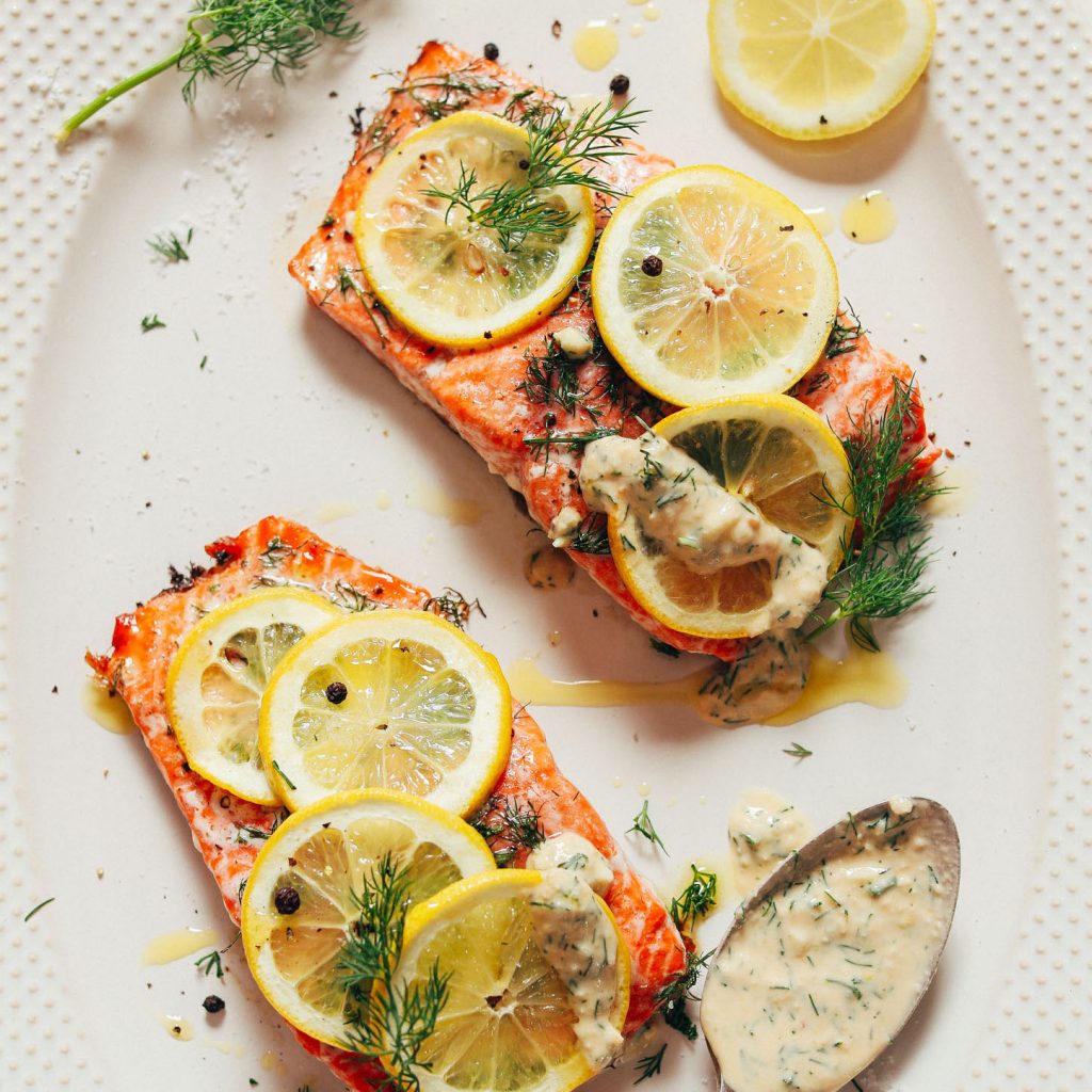 Lemon Baked Salmon With Garlic Dill Sauce - Minimalist Baker Recipes