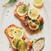 Close up shot of two filets of freshly baked salmon topped with dill, lemon, and garlic sauce