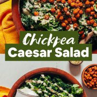 Wood bowls filled with our vegan Chickpea Caesar Salad recipe