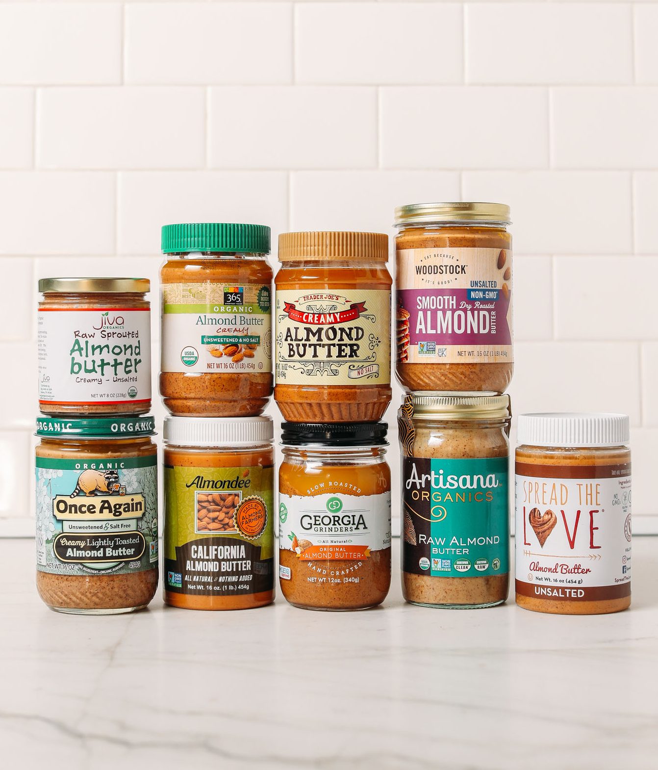 Assortment of almond butter brands for our unbiased view of popular brands