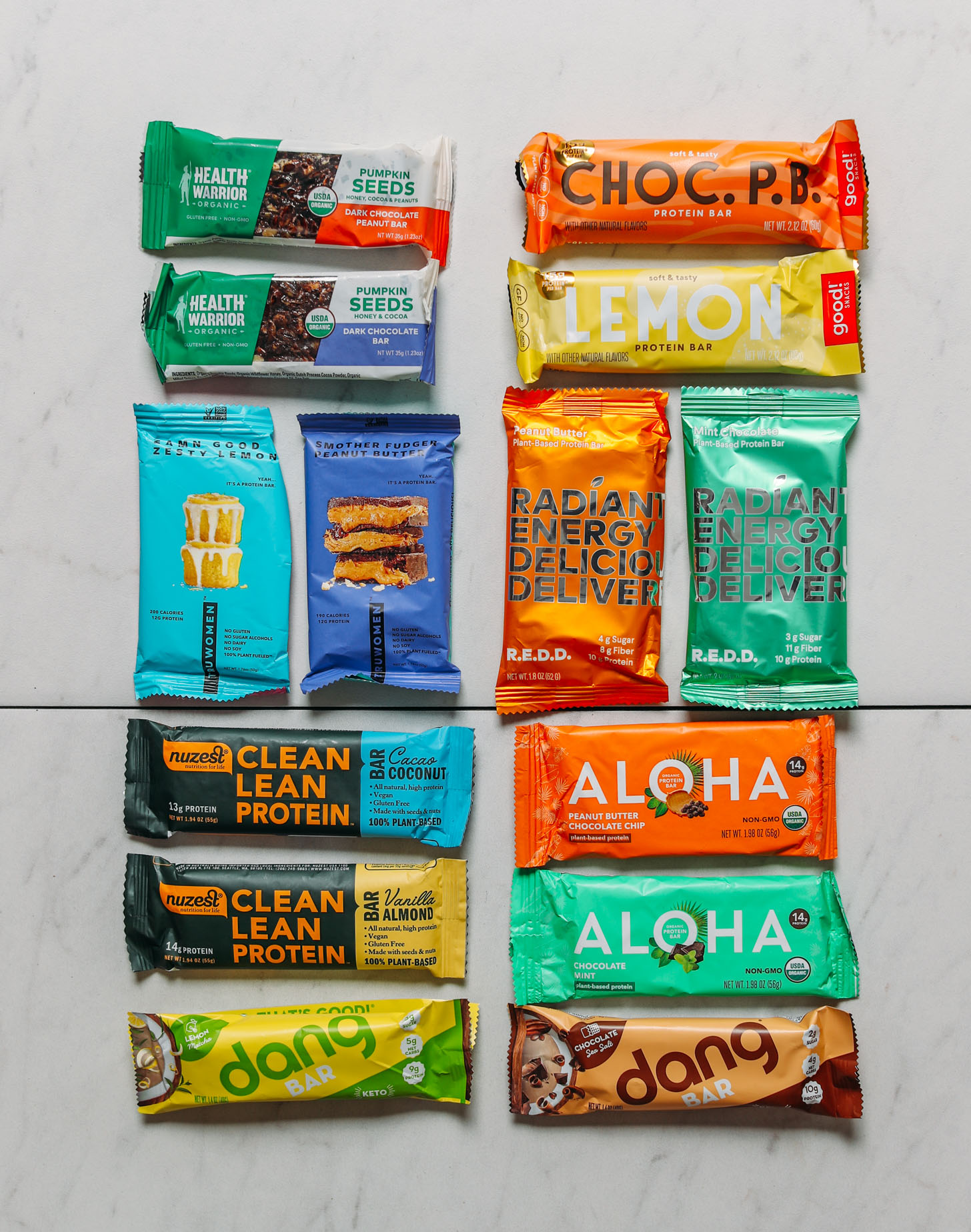 Assortment of plant-based protein bars for our unbiased healthy protein bar review
